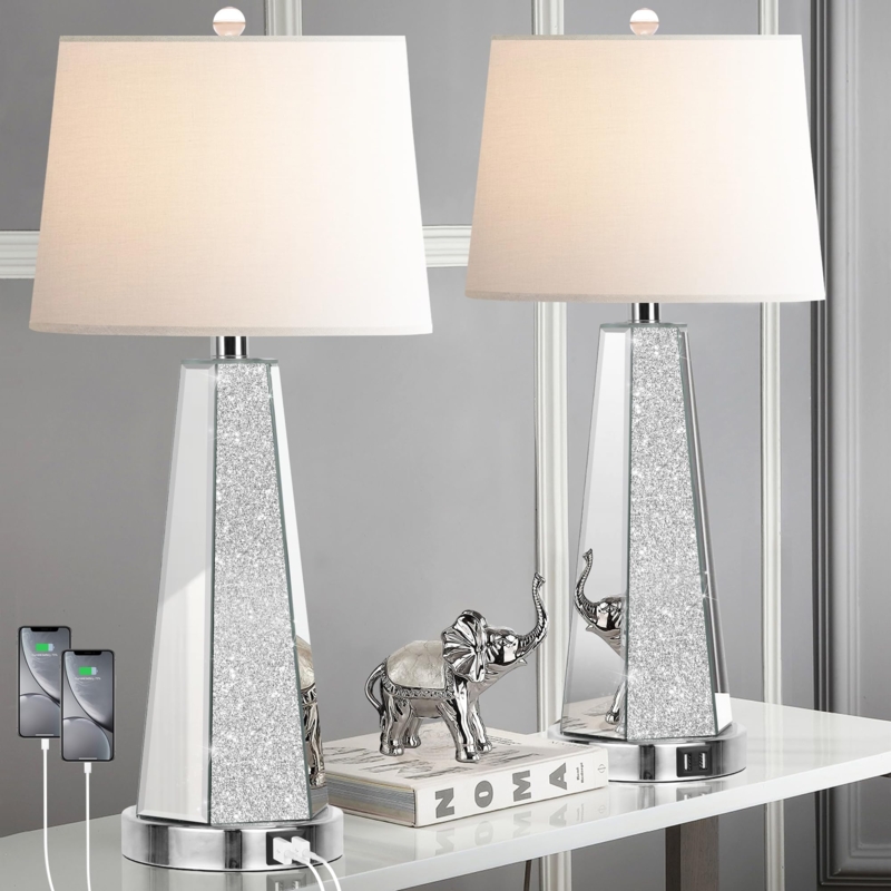 Table Lamp Set Mirrored Glass Base USB Ports Rectangular Shade Glam