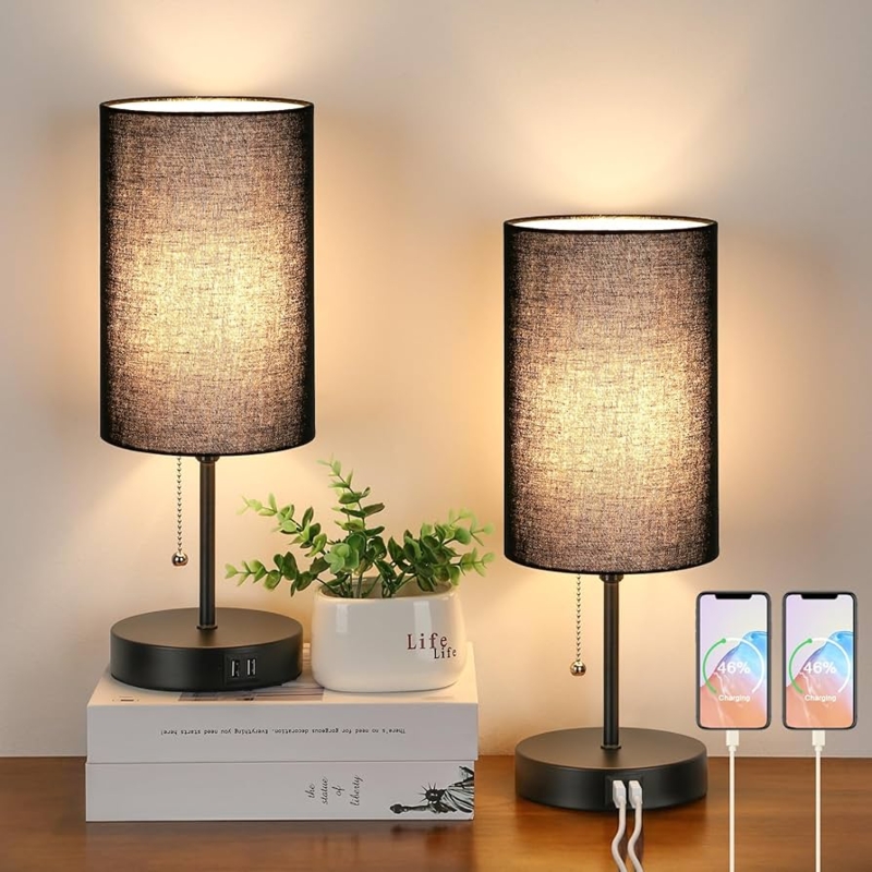 Table Lamp Set Modern Black and Cream with USB Ports