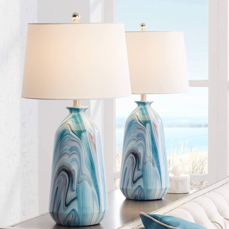 Table Lamp Set, Modern Blue Swirling Marble Effect Lighting, Gourd Base.