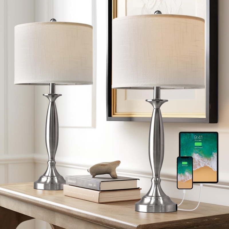 Table Lamp Set Modern Brushed Silver Dual USB Charging Ports Drum Shade