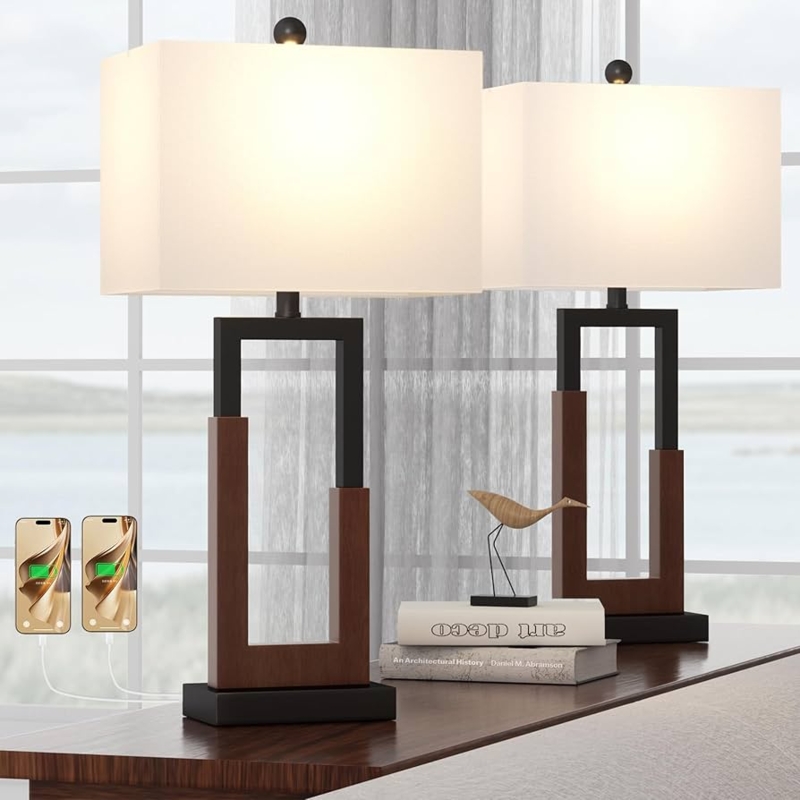 Table Lamp Set, Modern Farmhouse with Dual Tone Base & USB.