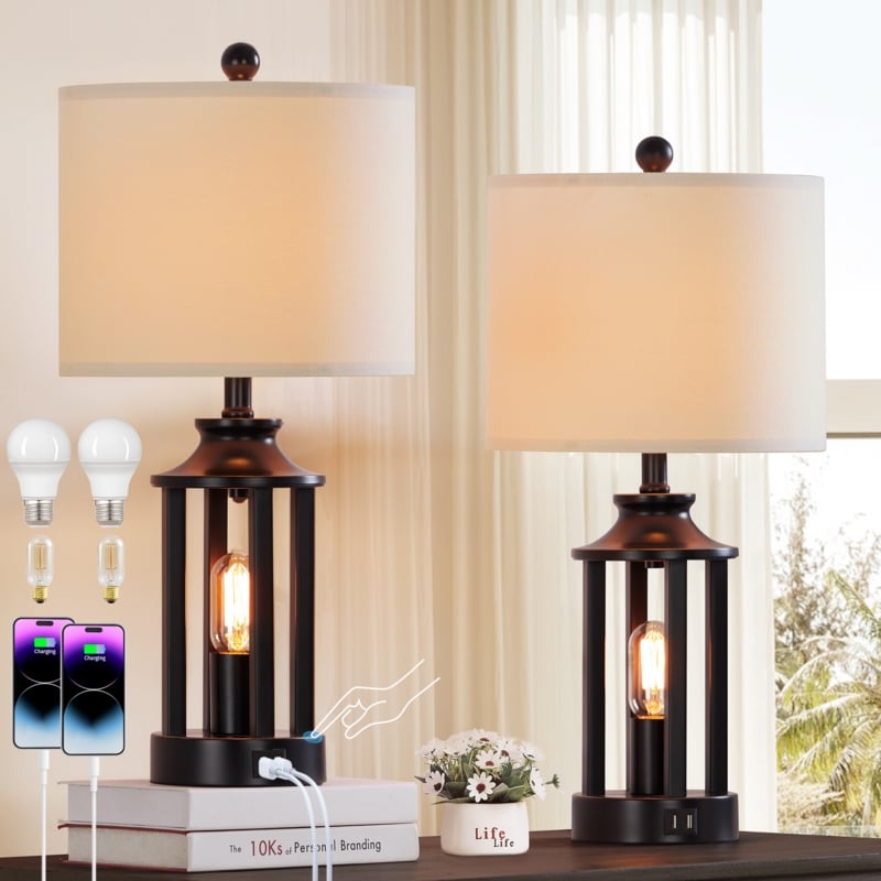 Table Lamp Set Modern Matte Black Cylindrical Base Linen Shades