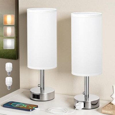 Table Lamp Set Modern Polished Silver Base USB Port White Shade