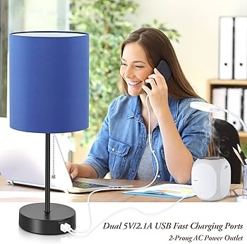 Table Lamp Set Mottled Blue Base Integrated AC Outlet