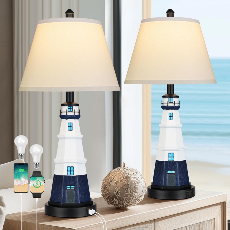 Table Lamp Set Nautical Lighthouse Base Navy Blue Open Frame