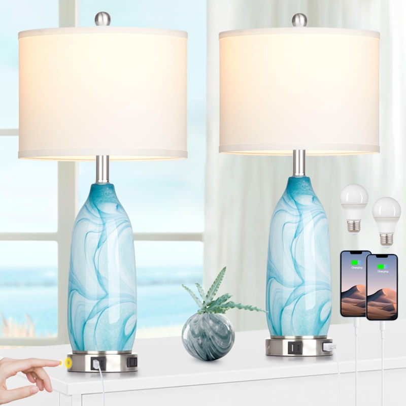 Table Lamp Set, Nautical Seafoam Glass with Rope Net Overlay & USB.