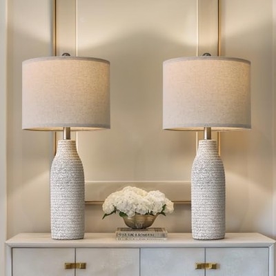 Table Lamp Set, Navy Blue Textured Ceramic Pair for Coastal Living Room.