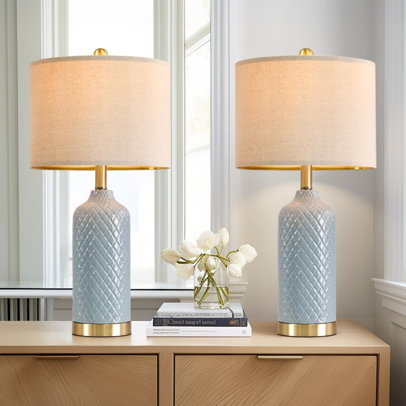 Table Lamp Set: Navy Ceramic Gourd with Gold Accents