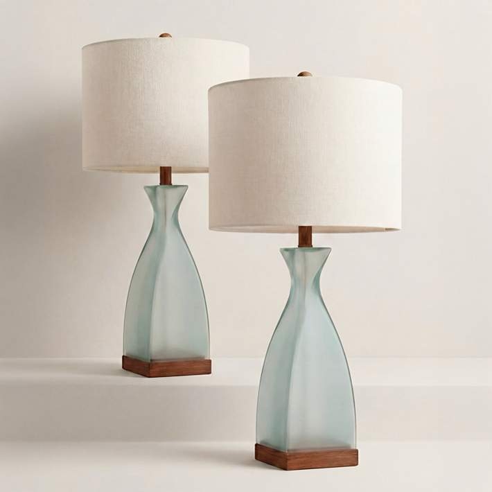 Table Lamp Set, Ocean Blue Glass Bedside Table Lamps, Teardrop.