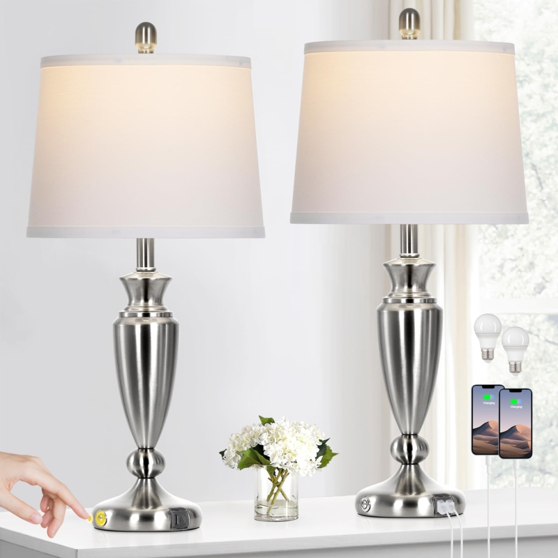 Table Lamp Set of 2 Brushed Nickel with Integrated USB Ports