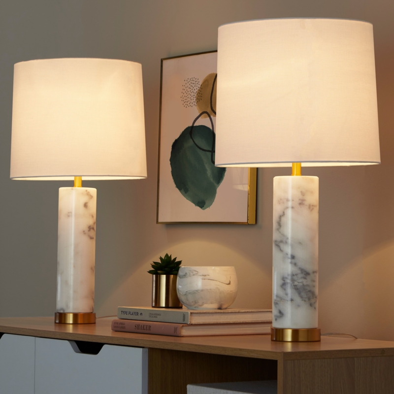 Table Lamp Set of 2 Cylindrical Marble Bases Drum Shades Glam Style