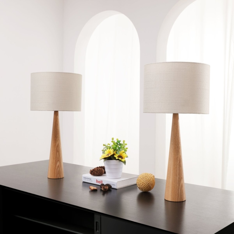 Table Lamp Set of 2 Japandi Minimalist Wide Disc Shade Wood Base