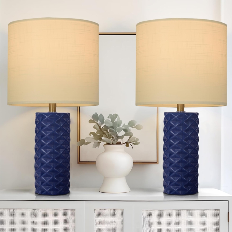 Table Lamp Set of 2 Navy Ceramic for Symmetrical Bedroom Styling
