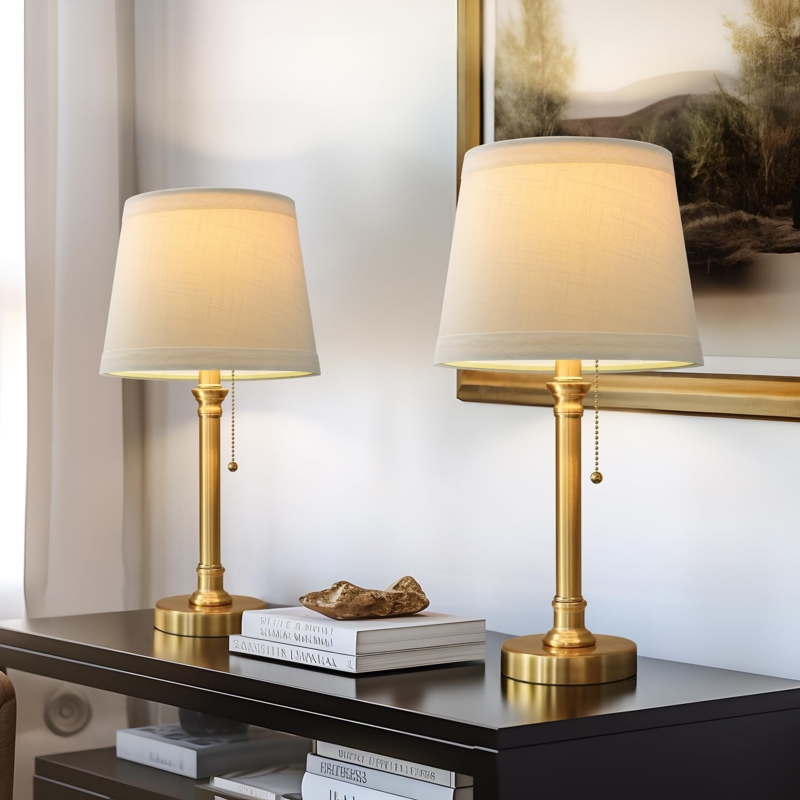 Table Lamp Set of 2: Polished Candlestick Bases with Fabric Drum Shades