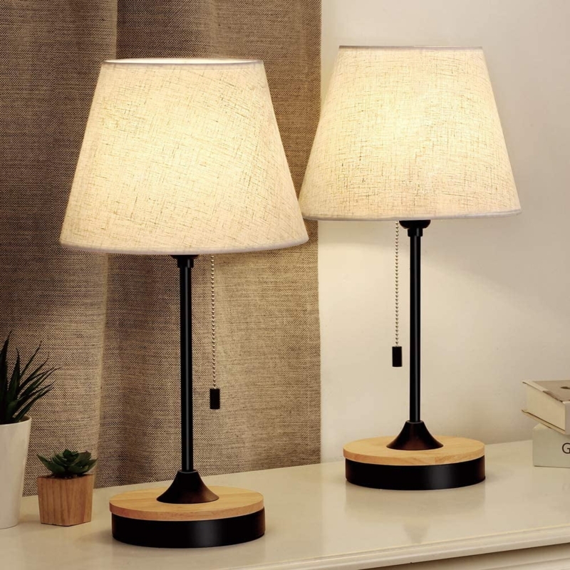 Table Lamp Set of 2 Tapered Wood Base Linen Shade Matching Lamp Set