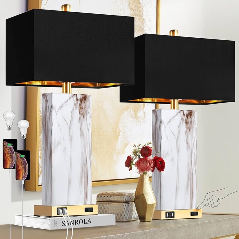 Table Lamp Set of 2 Touch Control Charging Base Rectangular Shades