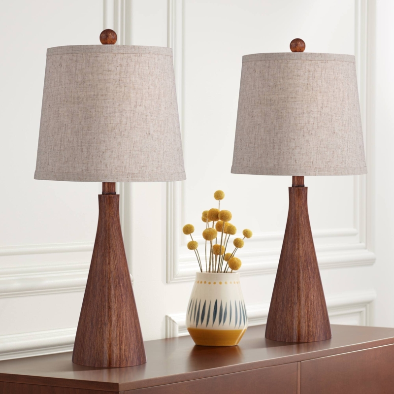 Table Lamp Set of 2 Wood Cone Base Mid Century Modern Oatmeal Shade