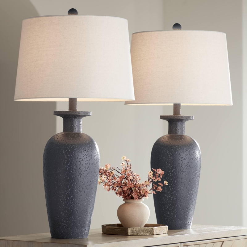 Table Lamp Set of Two Rustic Pitted Stone Farmhouse Lighting Decor