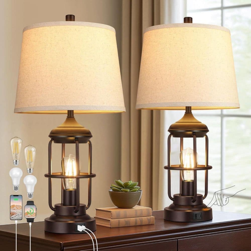 Table Lamp Set Oil Rubbed Bronze USB Ports Drum Shades