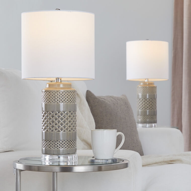 Table Lamp Set Opal Ceramic Pitted Texture Gray Rounded Ceramic Lamp Pair
