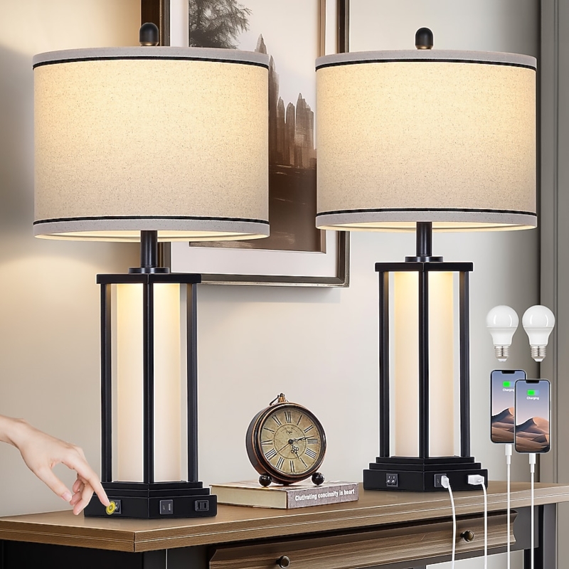 Table Lamp Set Open Cage Base Matte Black Metal Geometric Frame