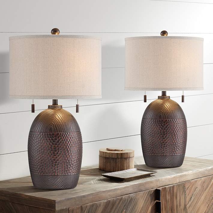 Table Lamp Set Open Frame Base Dark Bronze Dual Pull Chains