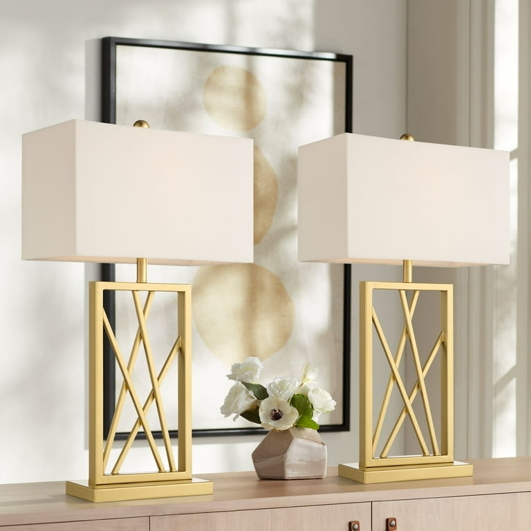 Table Lamp Set Open Geometric Metal Base Modern Glam Gold Finish