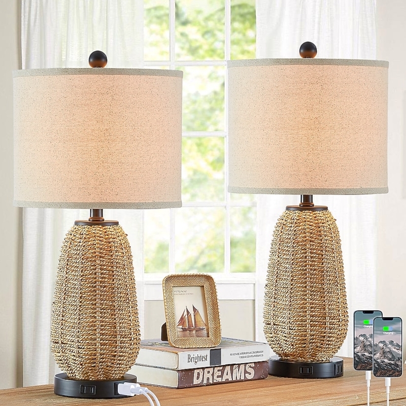 Table Lamp Set Organic Woven Rattan Base Linen Shade Coastal Decor