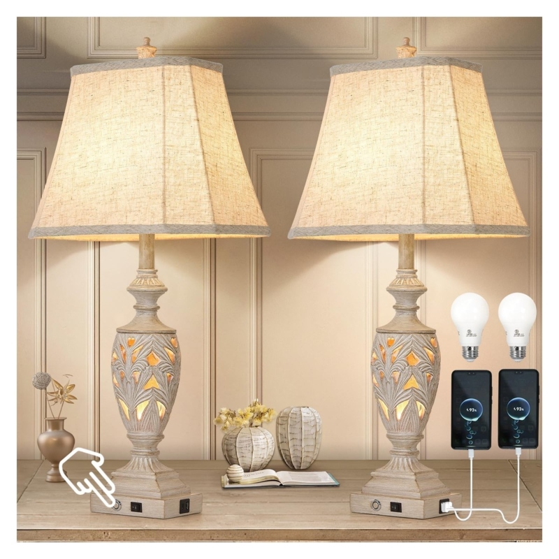 Table Lamp Set Ornate Pedestal Bases Pleated Bell Shades Vintage Style