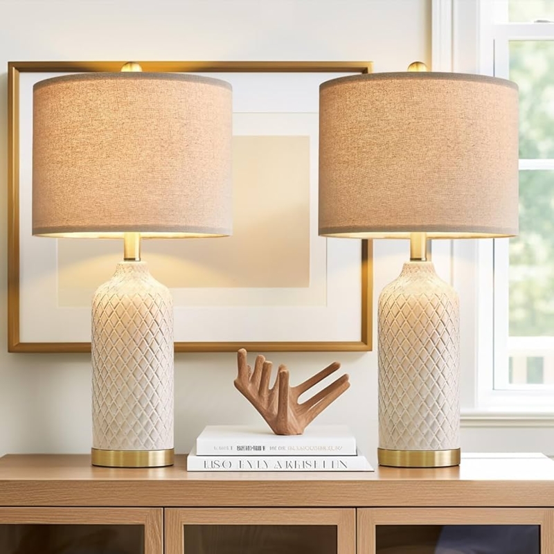 Table Lamp Set Pair Geometric Hand-Pitted Ceramic Modern Farmhouse
