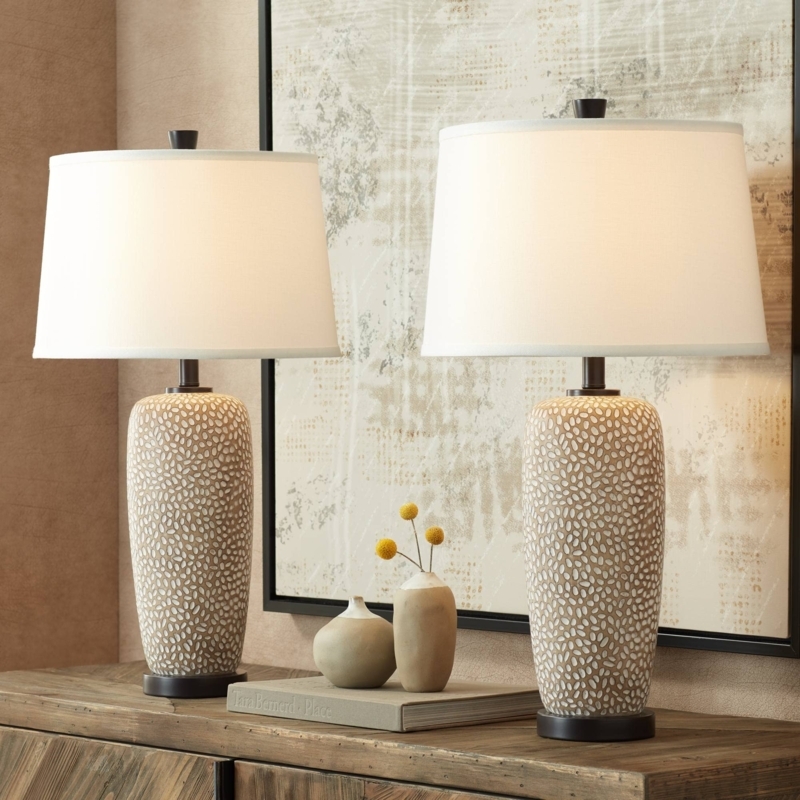 Table Lamp Set Pebbled Fabric Base Coastal Style Bedroom Lighting