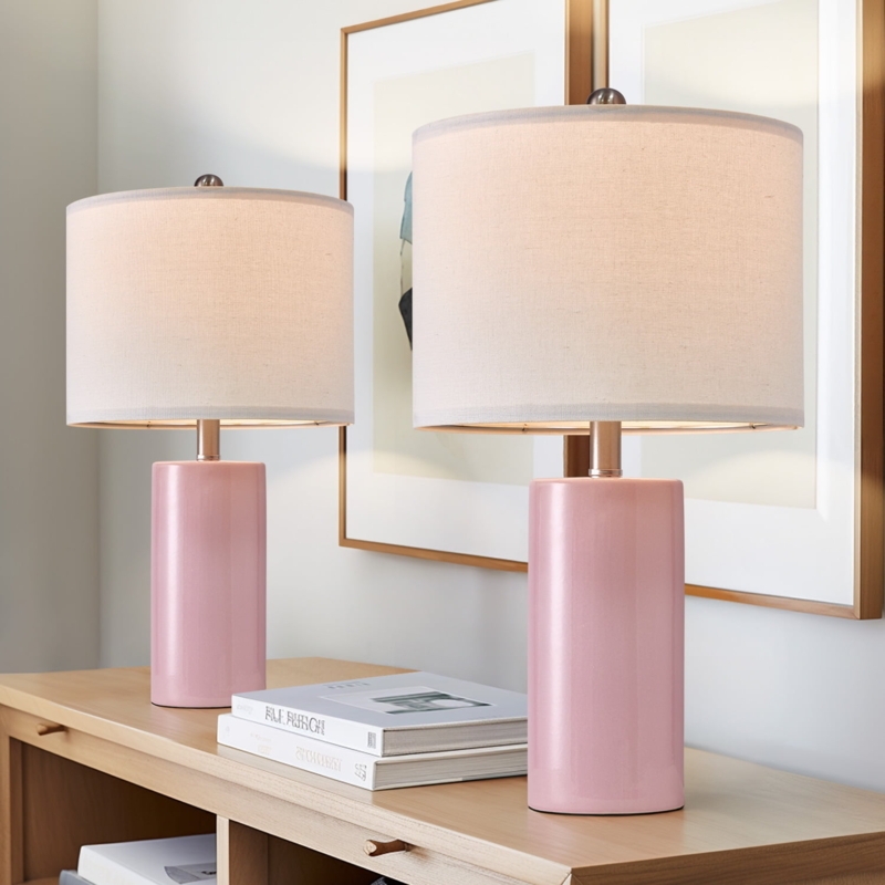 Table Lamp Set Pink Ceramic Gourd Shape Ribbed Texture Modern Bedside Lamp