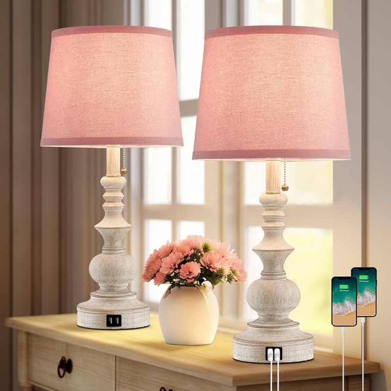 Table Lamp Set Pink Pleated Shade Geometric Hollow Base Boho Bedroom