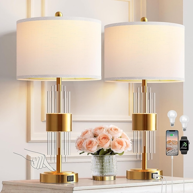 Table Lamp Set, Polished Gold Finish Base with USB Ports, Modern Glam