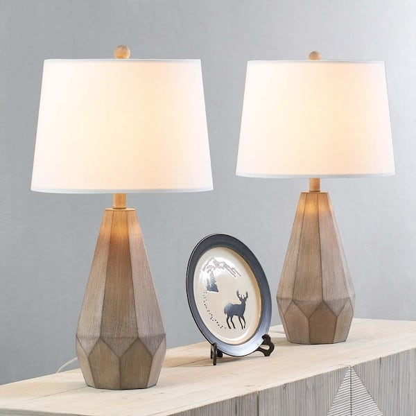 Table Lamp Set Ribbed Base Wood Toned Drum Shade Earthy Organic