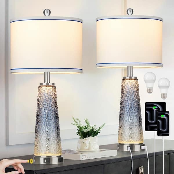 Table Lamp Set Ribbed Blue Glass Base USB Type-C Ports