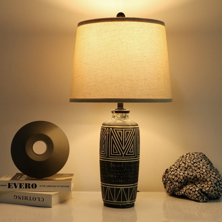 Table Lamp Set Rustic Carved Geometric Pattern Ceramic