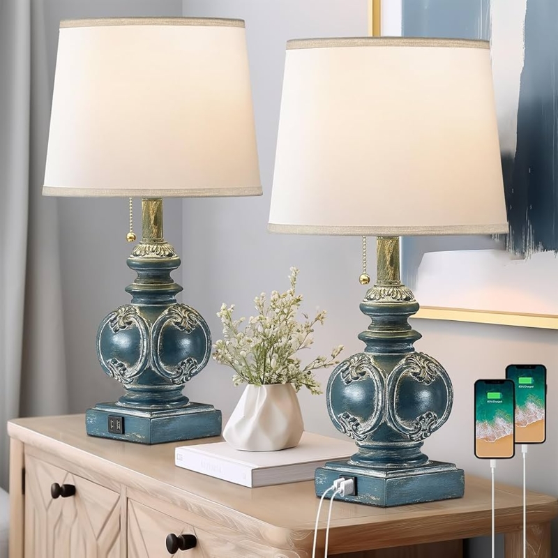 Table Lamp Set, Rustic Farmhouse Distressed Urn Base with USB Ports