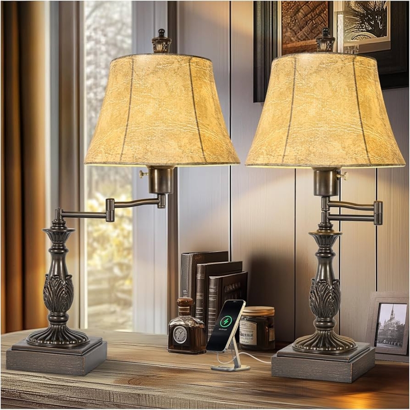 Table Lamp Set Rustic Industrial Swing Arm Faux Leather Shade USB