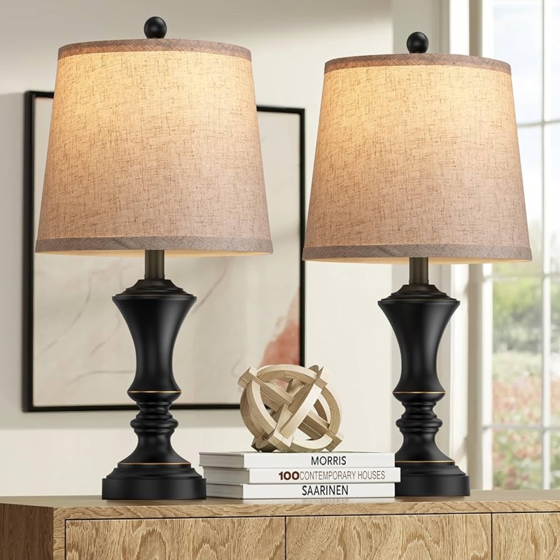 Table Lamp Set: Rustic Matte Black Turned Pedestal Base with Cream Shade