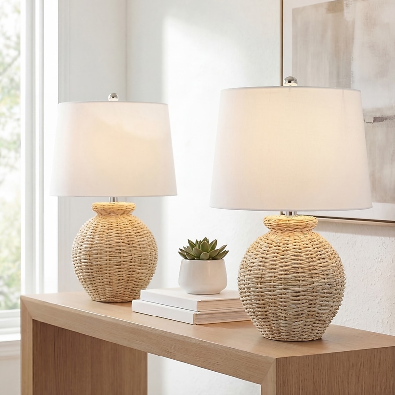 Table Lamp Set, Rustic Woven Rattan Globe Lamp Set with Drum Shades.
