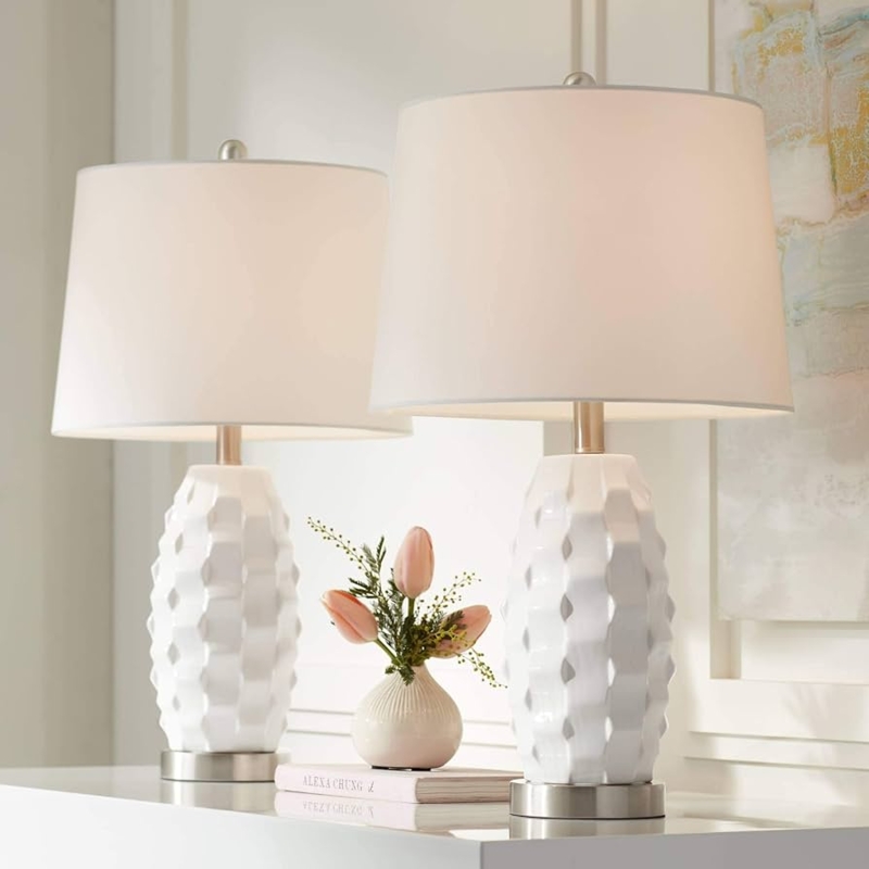 Table Lamp Set: Scalloped Ceramic Bases, White Ceramic Table Lamp Pair