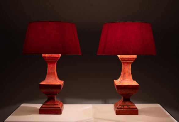Table Lamp Set Sculptural Red Gesso Finish Pleated Shade