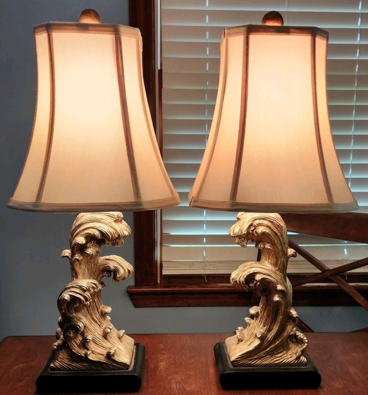 Table Lamp Set Sculptural Wave Motif Golden Finish Coastal Glam