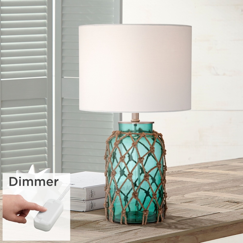 Table Lamp Set Seafoam Green Glass Base Rope Netting Coastal Style