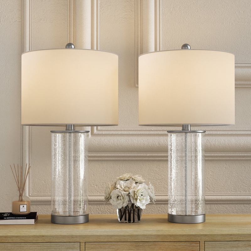 Table Lamp Set Seeded Glass Teardrop Base Polished Finish Glam