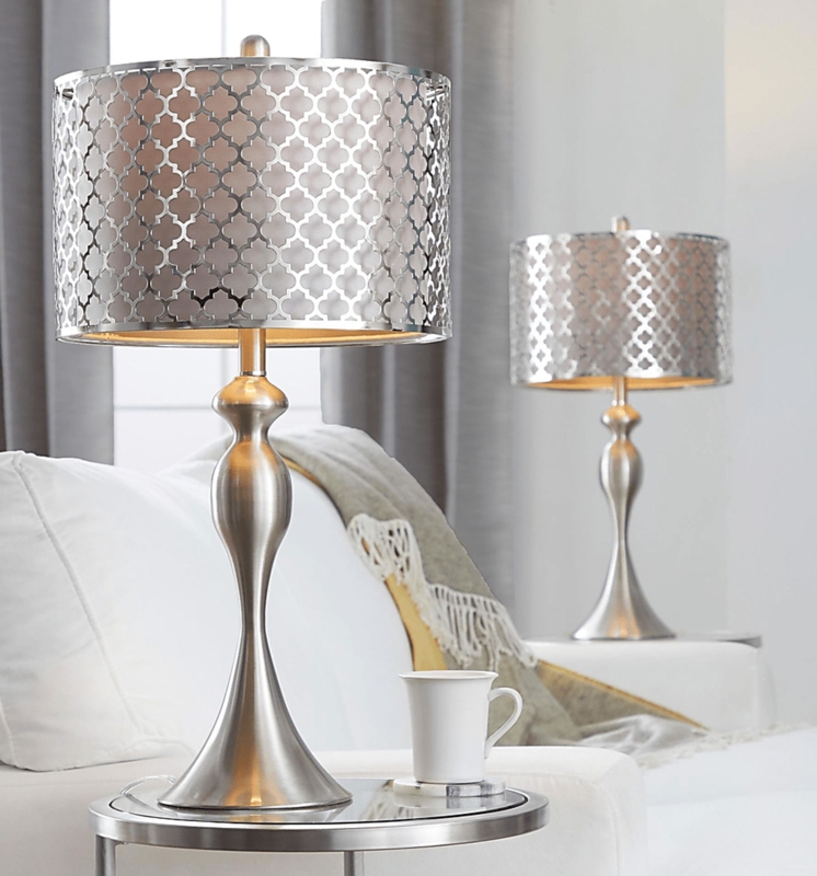 Table Lamp Set Silver Faceted Spherical Base Gray Drum Shades
