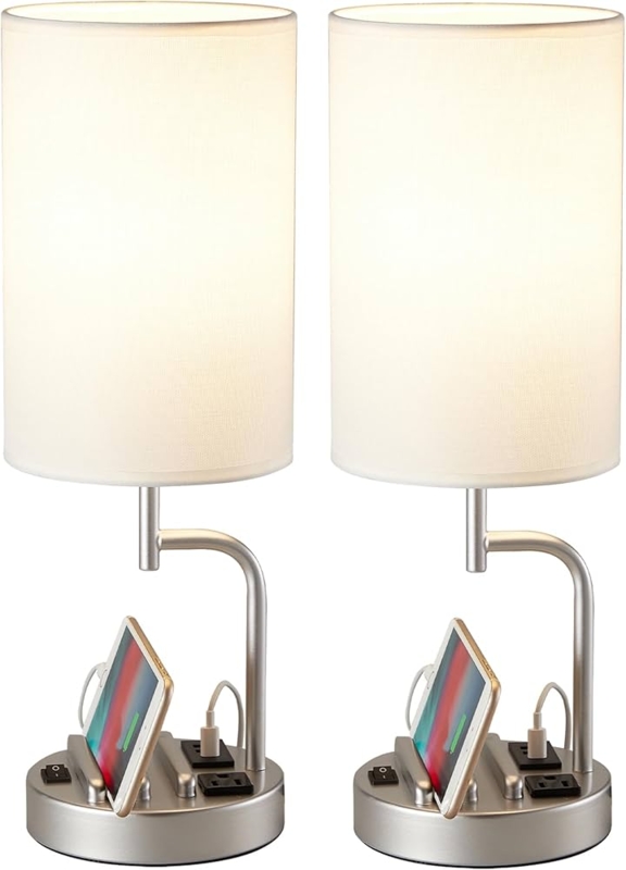 Table Lamp Set Silver Metal USB Ports Phone Stand Charging Station