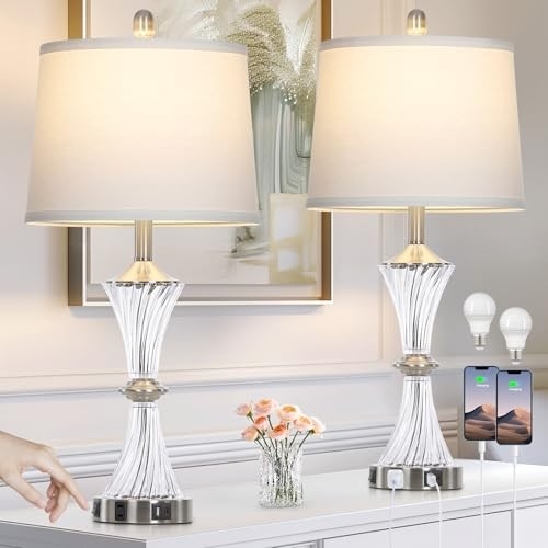 Table Lamp Set Silver Metallic Base White Drum Shades USB