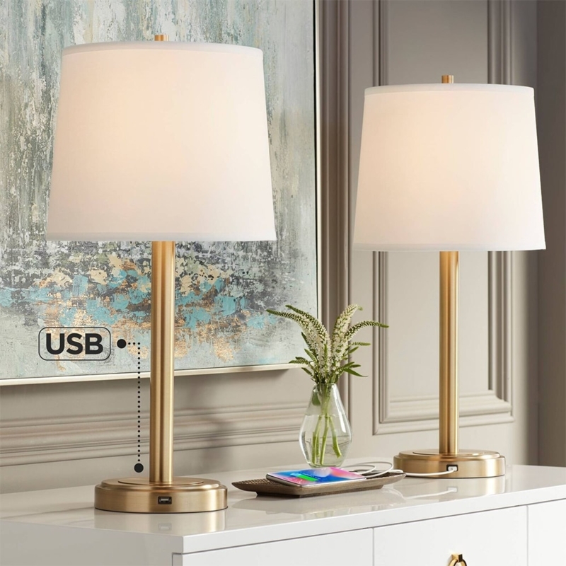Table Lamp Set Slim Pedestal Base Brushed Brass Finish USB Port Modern